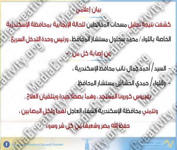 إصابة نائب ومستشار محافظ الإسكندرية بفيروس كورونا